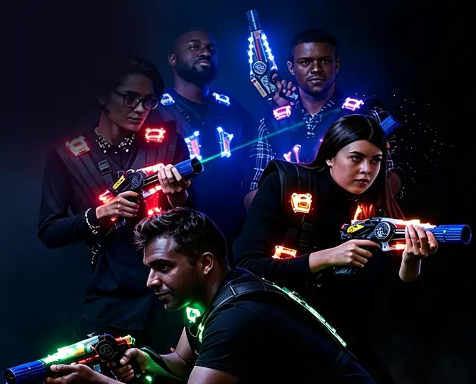 Five players in glowing Zone Laser Tag vests, blasters ready