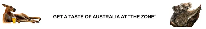 Get a taste of Australia at The Zone: a kangaroo with a cold beer, and two koalas